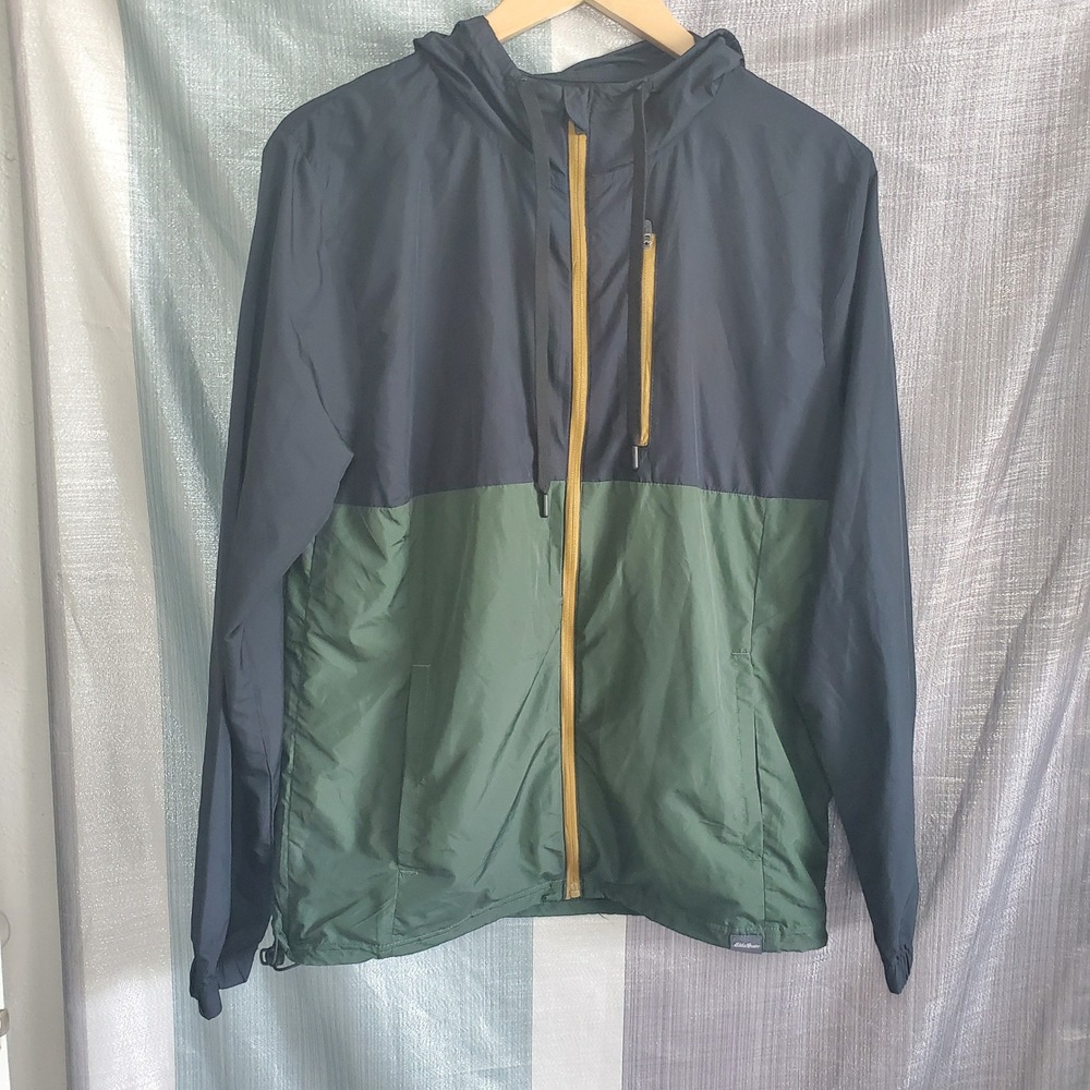 Eddie Bauer Mens Windbreaker Jacket Navy Green Gold Baylor‎ Colors Hooded S